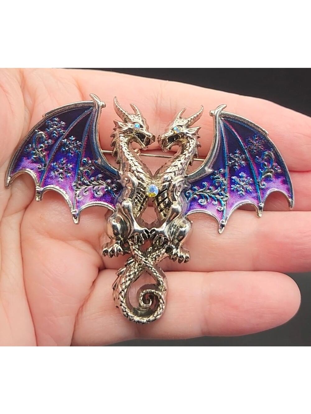 Dragon Brooch Double Entwined Medieval Dragons Purple Enamel